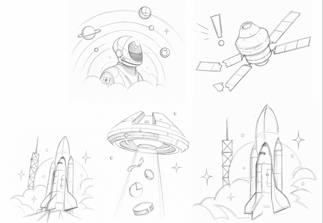 Concept sketches — astronaut, satellite, UFO, rockets