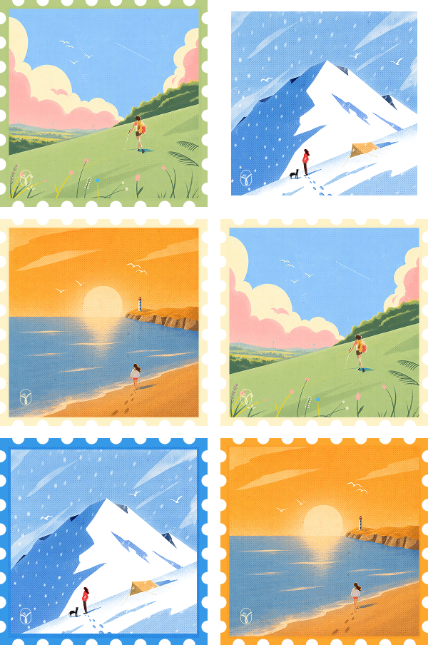 Sairoo seasonal illustration set six postage stamps of summer, winter and spring scenes