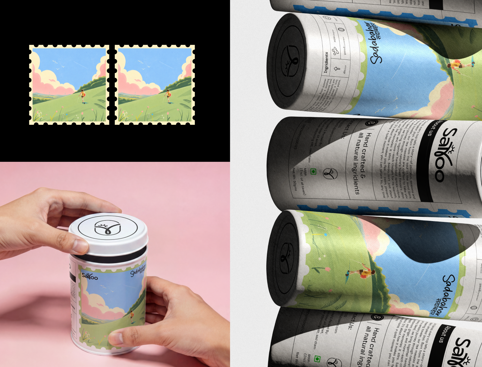 Sairoo Sadabahar spring packaging in context stamps, tin and rolled labels