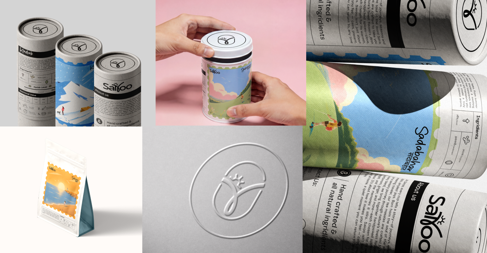 Sairoo packaging closing collage of tubes, tin, pouch and embossed logo